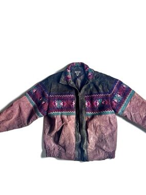 Vintage Southwestern Leather Jacket Distressed Aztec 90s Mens Coat